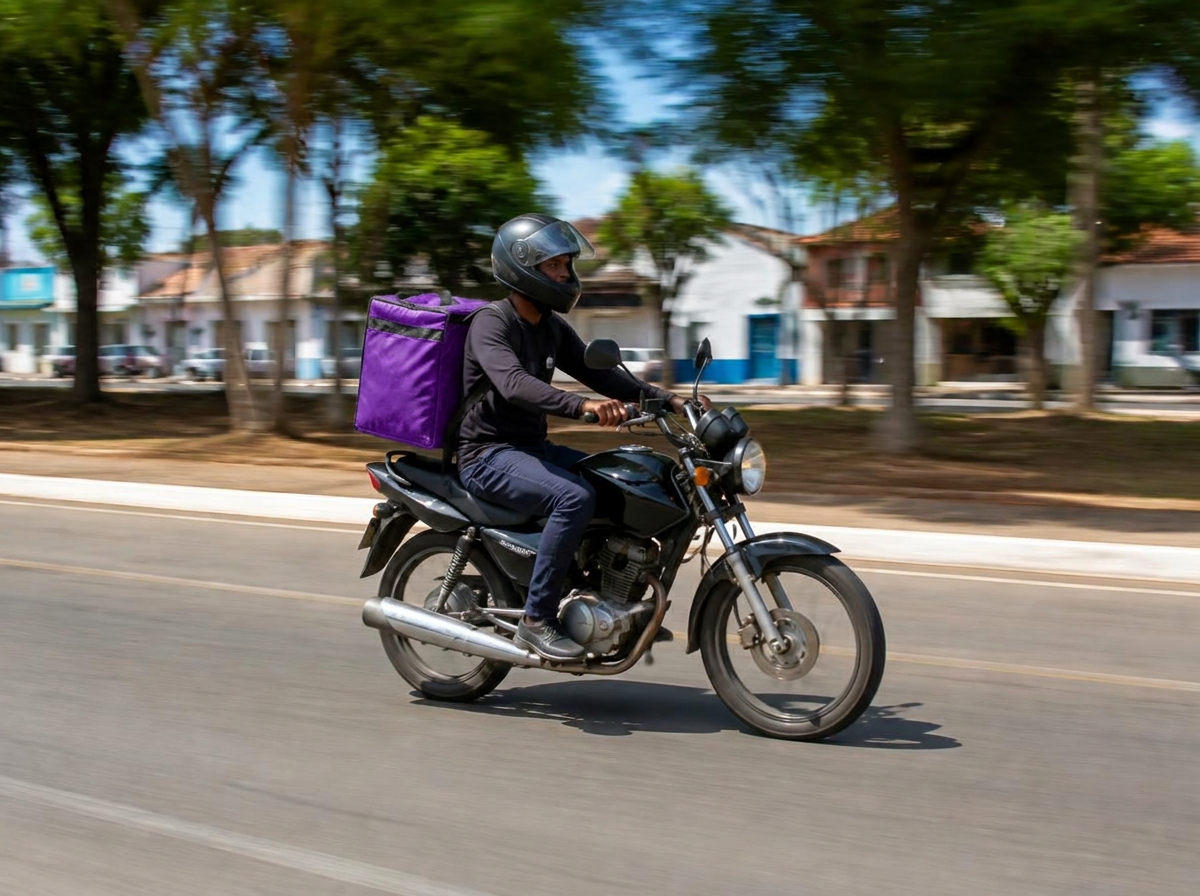 Entregador de moto com bag percorrendo uma avenida arborizada